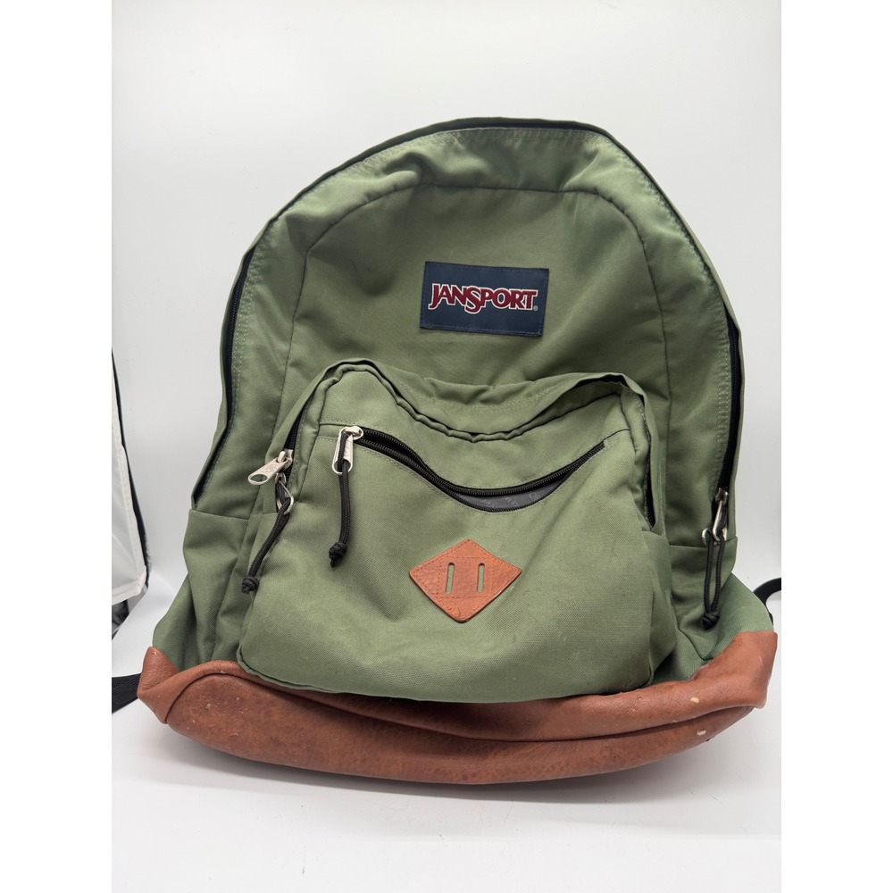 JanSport City View Backpack Sage Green Brown Leather Bottom JS0A3P3U